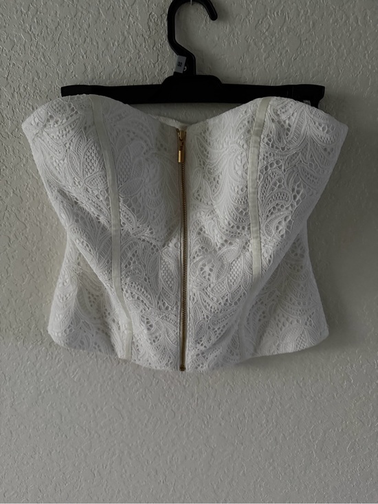 Cache Tops - NWT Cache White Strapless Corset Top Gold Zipper Front Size 2